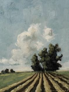 an oil painting of a field with trees and clouds in the background, on a blue sky day