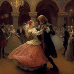 a painting of a man and woman dancing in an old - fashioned ballroom with other people