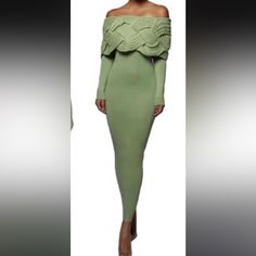 Nwt Does Have A Big Hole But It Is Hidden Under The Braided Overlay Evening Fitted Knit Sweater Dress, Chic Green Knit Midi Dress, Fitted Knit Maxi Dress For Party, Green Knit Party Dress, Fitted Green Midi Sweater Dress, Green Fitted Midi Sweater Dress, Fitted Green Sweater Dress Midi Length, Green Fitted Midi Length Sweater Dress, Elegant Green Knit Midi Dress