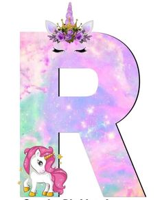 the letter r is for unicorn with a flower crown on its head and an image of a