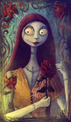 an image of a cartoon character with long hair and eyes, holding a rose in her hand