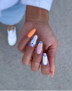 Teen Nails, Blue Gel Nails, Boho Nails, Peach Nails, Cute Summer Nails, Cute Gel Nails, Short Acrylic Nails Designs, Trendy Nail, Orange Nails