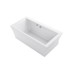 the bathtub is white and has a long, rectangular tub with an overflowing drain