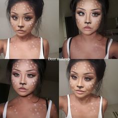 A simple deer-makeup look consists of white dots over the forehead, nose, cheekbones, and neck as well as black on the nose and upper lip. You'll also need white eyeshadow or powder around the eyes.#deermakeup #animalmakeup #halloweenmakeup #cosplaymakeup #forestcreature #wildbeauty #antlersandlashes #fawndorable #makeupinspo #natureinspired Doe Costume Halloween, Deer Makeup Halloween Aesthetic, Pink Deer Makeup, Bambi Makeup Deer Halloween, Halloween Animal Costumes For Women, Easy Deer Costume Makeup, Deer Nose Makeup, Doe Halloween Makeup, Reh Make Up