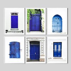 four different doors are shown in multiple pictures, one is blue and the other is white