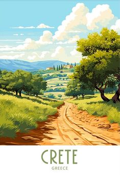 a painting of a dirt road with trees and hills in the background