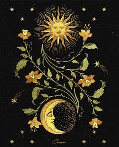 the sun and moon are depicted in this hand drawn illustration, with flowers growing out of it