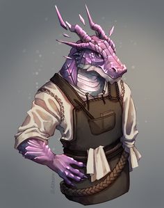 a drawing of a dragon in overalls and gloves