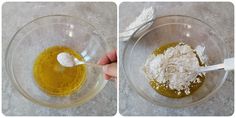 two pictures showing how to make an egg mixture in a bowl