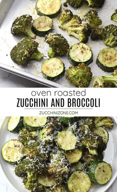 cooked zucchini and broccoli on a baking sheet with parmesan cheese