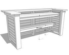 a drawing of a desk with measurements for the top and bottom section, including two shelves