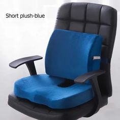 an office chair with blue and black upholstered seat cushion on the armrest