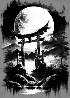 Japanese Waterfall Tattoo Design, Ronin Tattoo Design, Japanese Samurai Drawing, Chinese Temple Tattoo, Japanese Temple Tattoo Design, Japanese Background Tattoo, Samurai Back Tattoo