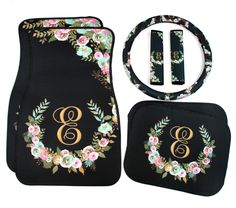 floral monogrammed car floor mats with matching steering wheel cover and head rest covers