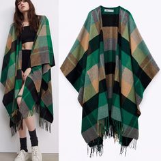 New With Tags Zara Green Plaid Cape Size Medium V-Neck Cape Wide Sleeve Fringed Hem About In The Front And 48” At The Longest Part Photos 5-8 Are Mine Please Ask Any Questions Before Purchasing. New To Poshmark? Save $10 On Your First Purchase When You Sign Up With The Code: Laviexenrose Zara Cape Coat, Zara Cape, Blanket Cape, Sequin Cape, Zara Knitwear, Wool Cape Coat, Plaid Capes, Embroidered Robes, Poncho Coat