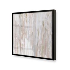 an abstract painting hanging on the wall in a black frame with white and beige paint