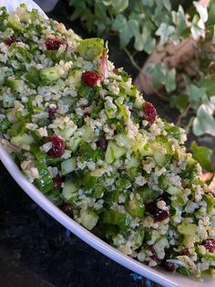 a salad with cranberries and celery in a white bowl on a table