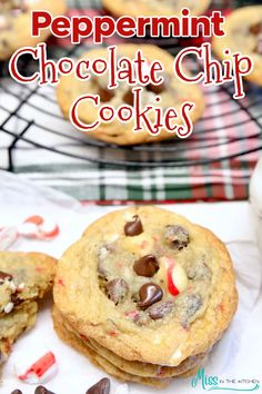 peppermint chocolate chip cookies are stacked on top of each other