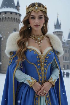 a woman wearing a blue and gold costume in front of a castle with snow on the ground