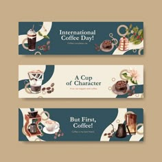 two banners with coffee related items on them