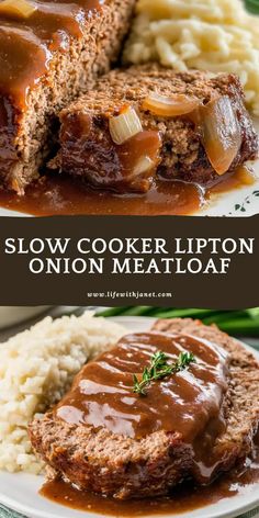 slow cooker meatloaf on a plate with gravy and mashed potatoes