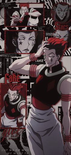 an anime character with red hair and black eyes, standing in front of a poster