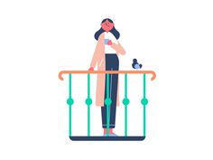 a woman standing on top of a balcony next to a railing with a bird perched on it