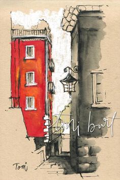 a drawing of a red door in front of a building with the words on it