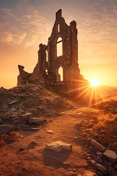 Old ruin at sunset, digital image Ancient Ruins Aesthetic, Ruins Aesthetic, Fantasy Ruins, Ruins Landscape, Desert Ruins, Sky Pirate, Barren Landscape, City Ruins, Romantic Landscape