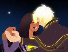 an animated image of two people hugging in the night sky, with stars above them