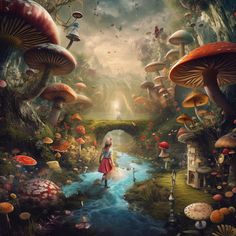 a woman standing in the middle of a river surrounded by mushrooms and other things on land