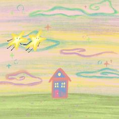 a drawing of two birds flying over a house in the sky with stars above it