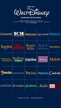 the logos for disney's animated movies are shown in different colors and font styles