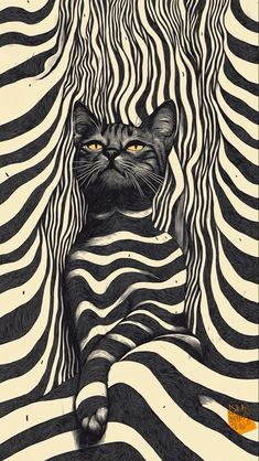 a black and white drawing of a cat peeking out from behind zebra stripes