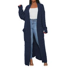 Navy Blue Open Front Cable Knit Pocket Long Cardigan Oversized Blue Cardigan With Pockets, Blue Cardigan With Pockets For Fall, Oversized Blue Knit Sweater Coat, Oversized Blue Sweater With Pockets, Blue Cable Knit Outerwear, Blue Cardigan With Pockets For Layering, Blue Cable Knit Cardigan For Spring, Cozy Long Blue Sweater, Blue Cable Knit V-neck Cardigan