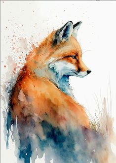 a watercolor painting of a fox sitting in the grass