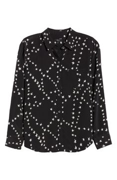 Add some star power to your wardrobe in this chic, lightweight button-up detailed with a patch pocket and rounded hem. 27" length (size Medium) Front button closure Spread collar Long sleeves with button cuffs Chest patch pocket 100% silk Dry clean Imported Star Chain, Shirt Cuff, Black Star, Silk Shirt, Star Print, Silk Blouse, Print Tops, Patch Pocket, Black Shirt