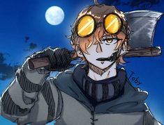 an anime character wearing goggles and holding two axes over his head with the moon in the background