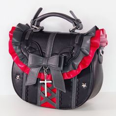 This adorable crossbody bag is versatile and matches well with many coords, including gothic lolita style and punk alternative outfits. It's also wonderful to use as a cosplay accessory to rep your favourite character, or as a day to day bag. It features a classic colour palette of black and red, has the cutest little Classic Colour Palette, Kawaii Purse, Gothic Purse, Whimsical Goth, Demon Wings, Gothic Bag, Everyday Cosplay, Goth Kawaii, Classic Color Palette