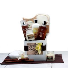 A complete spa gift set in a box ?, no frills here just pure pampering and relaxation. Soothe and diffuse stress with a luxurious at-home spa treatment! A white gift box with your personalized message arrives with everything she needs to have a relaxing and pampering day. All of our bath products are created with nourishing ingredients including Shea Butter and Vitamin E to give you incredibly soft and moisturized skin, truly a treat for your senses and skin. Our products are PARABEN-FREE and NE Red Wine Gift Basket, Vanilla Body Spray, Spa Basket, Mother's Day Gift Card, Spa Gift Set, Gift Baskets For Women, Home Spa Treatments, Wine Gift Baskets, Spa Gift Basket