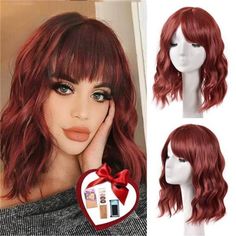 Questions? Leave A Comment Below! Cute Low Pigtails, Red Wig With Bangs, Red Bob Wig, Longer Bangs, Wine Red Wig, Low Pigtails, Wavy Bob Wig, Short Curly Afro, Blonde Curly Wig