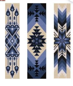 three cross stitch bookmarks with blue and white designs on the front, one has an arrow