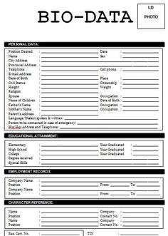 the printable bio data form is shown