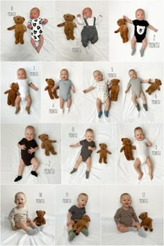 a series of photos showing different babys and teddy bears