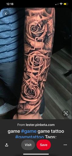 a man with a tattoo on his arm that has an image of roses in it