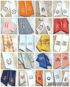 many different types of monogrammed ties laid out on the floor with their names