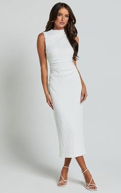 Aleks Midi Dress - High Neck Bodycon Dress in Off White | Showpo USA Bodycon Dress Outfit Casual Sneakers, White Midi Dress Outfit, White Graduation Dress College, White Coat Ceremony Outfit, Basic White Dress, White Dress Graduation, Modest White Dress, Rehersal Dinner Dresses, Classy White Dress