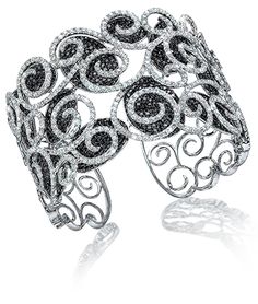 Black and White Diamond Scroll Cuff      Black and white diamond pave open scroll motif cuff bracelet. Set in 18-karat white gold with over 20 carats of diamonds. Black Diamond Bracelets, Black Diamond Bracelet, Diamond Cuff Bracelet, Diamond Bangles, Buying Gold, Diamond Jewelry Designs, Designer Jewellery, Diamond Bracelets, Accessories Bracelets