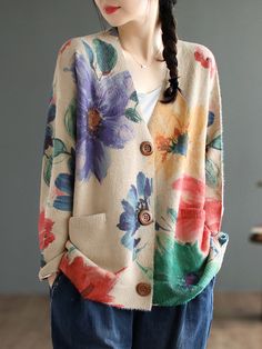 Vintage Long Sleeves Loose Buttoned Floral Printed Contrast Color V-Neck Cardigan Tops APRICOT-One_size Women Long Cardigan, Coat Spring, Loose Coat, Winter Typ, Loose Coats, Spring Sweater, Cardigan Sweater Jacket, Spring Fabric, Maxi Robes