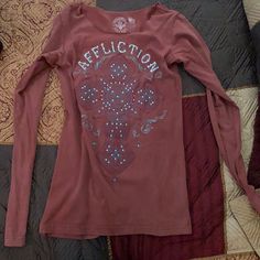 Light Maroon, New Without Tags, Grey, Big Cross Derail In The Front, Long Sleeve, Cutout Detail In The Back, Small Affliction Clothing Women, Affliction Clothing, Big Cross, Cute Shirts, Fitness Inspo, Long Sleeve Tees, Womens Tops, Tops & Tees, Long Sleeve